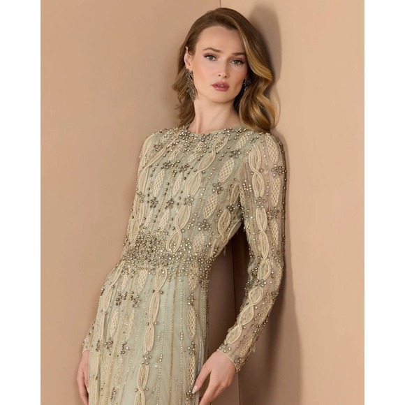 Mac Duggal NEW Embellished Mesh Long Sleeve A Line Gown Nude Sage $1,798 Size 10 - Picture 4 of 16